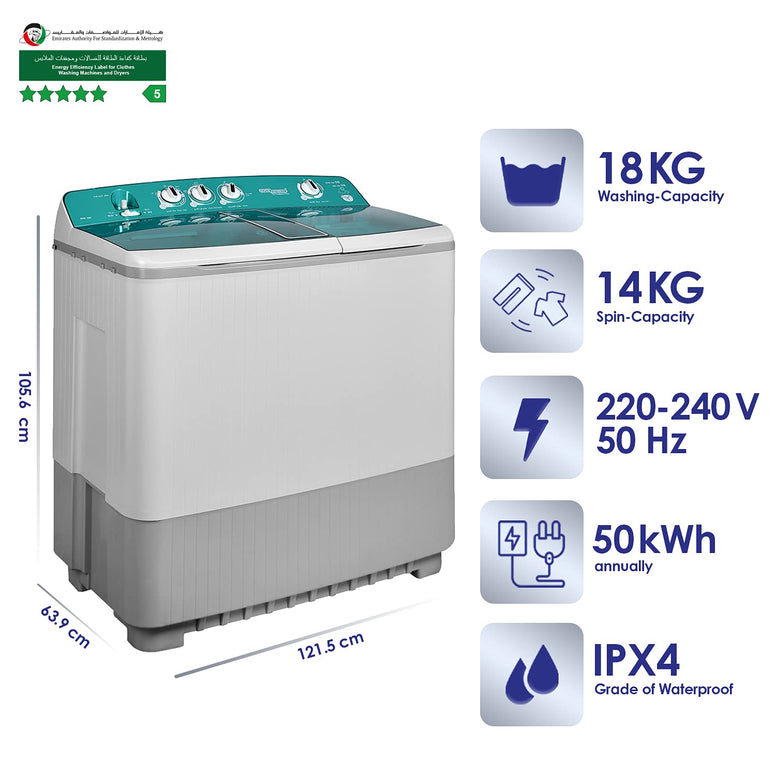 Super General 18 kg Twin-tub Semi-Automatic Washing Machine, Light Grey/Green, efficient Top-Load Washer with Lint Filter, Spin-Dry, SGW-1800, 105.6 x 63.9 x 121.5 cm, 1 Year Warranty