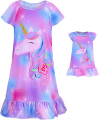 ICOSY Matching Girls & Doll Nightgowns Clothes Unicorn Pajamas Sleepwear Outfit for Girls and American 18" Girl Doll