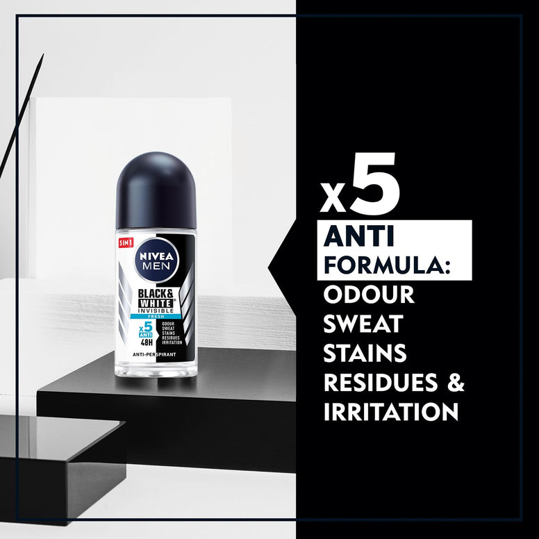 NIVEA MEN Antiperspirant Roll-on for Men, Black & White Invisible Protection Fresh, 50ml