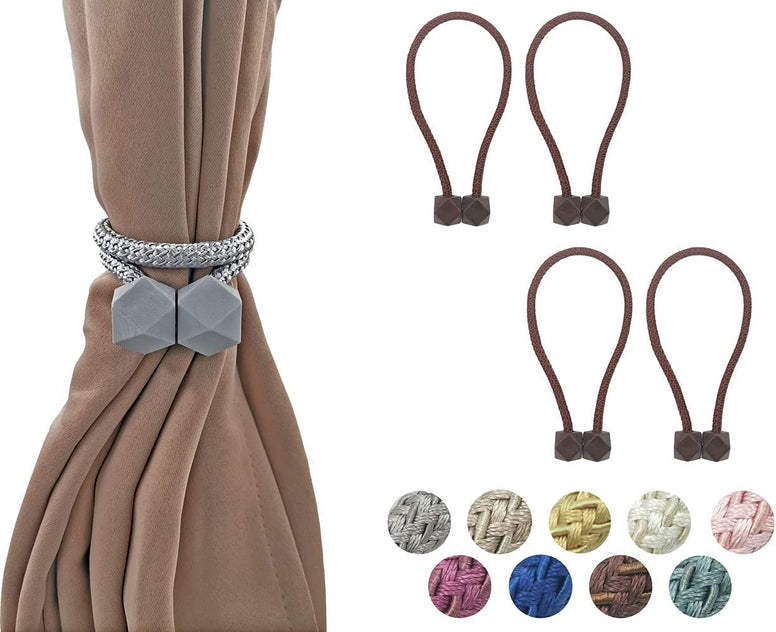 HYX 4 Piece Magnetic Curtain Tiebacks Holdbacks, Modern Curtain Tieback Clips, Curtain Rope Holder Tie Backs, Decorative Hold Backs for Home Office Decoration (Brown)