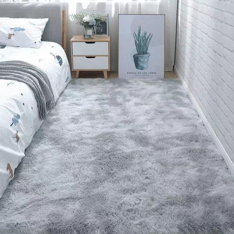 Modern Soft Wool Tie Dye Fluffy Shaggy Faux Fur Rug Floor Mat Carpet Home Decor with Antislip Plush High Pile Bottom for Bedroom Living Room (Size 120×160CM) (Grey)