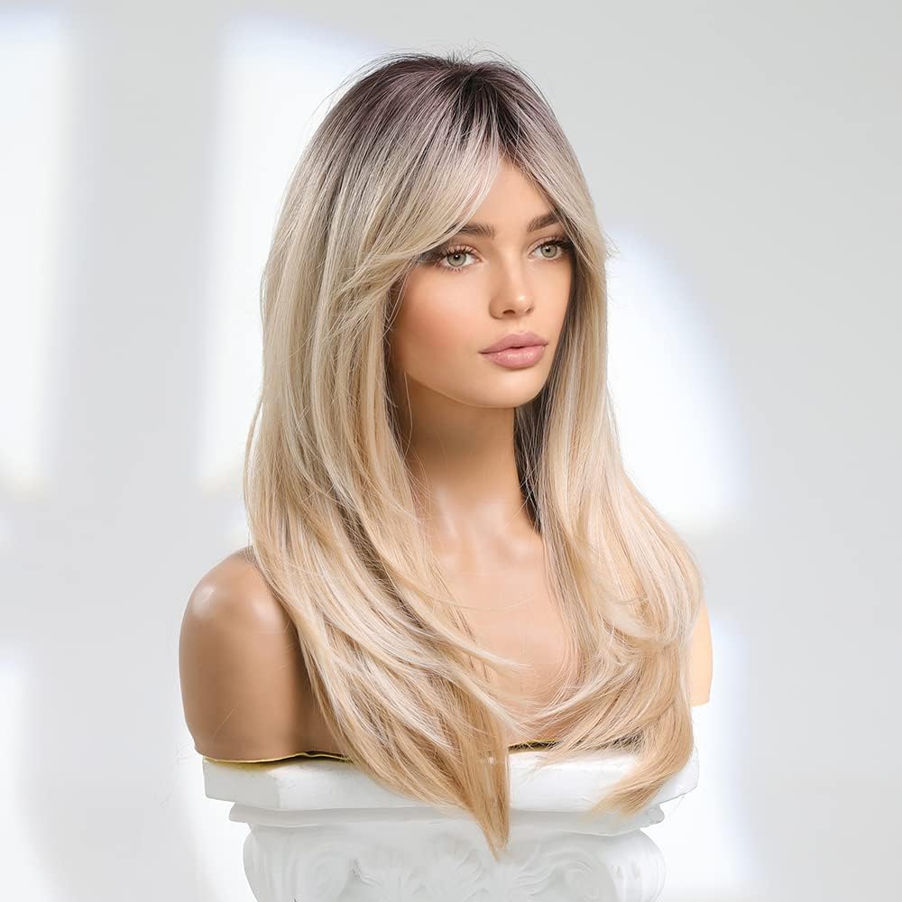 YHRY Blonde Wigs for Women, Long Blonde Wig with Bangs, Heat Resistant Natural Looking Wigs, Middle Part Blonde Wigs with Dark Roots, Layered Synthetic Hair Wig for Daily Party Use Cosplay(55 cm)