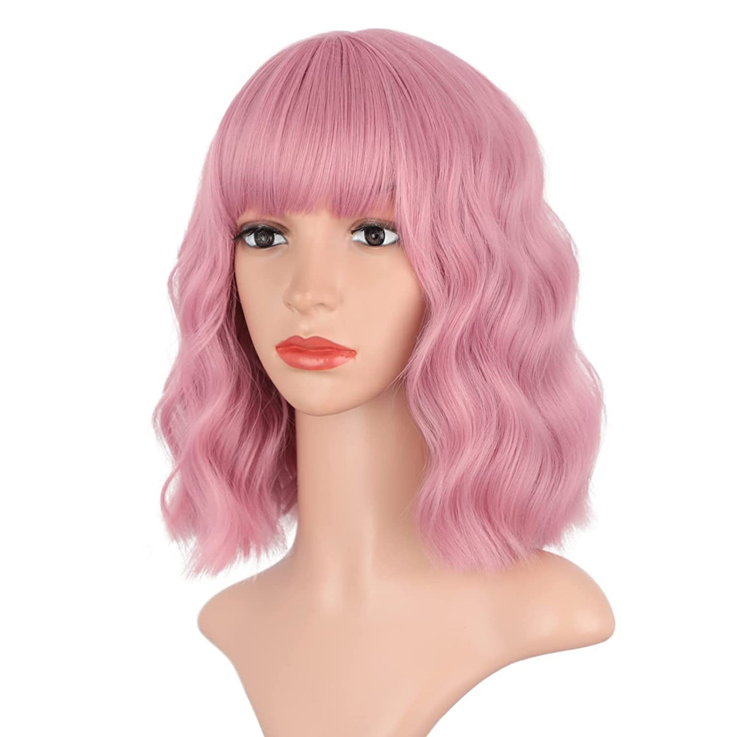 Wig Short Curly Wavy Bob Wigs for Women Blue Wig with Bang Shoulder Length Synthetic Cosplay Party Wig Colored Wigs for Women Girls (Pink)