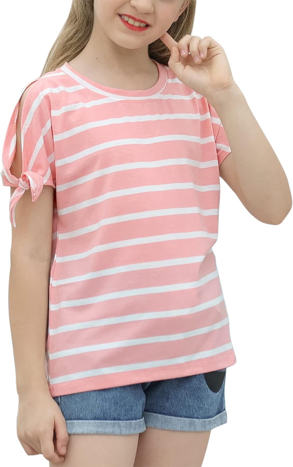 GORLYA Girl's Cut Slit Sleeve Tie knot Cuff Stripe Tunic T-shirt Casual Pullover Top for 4-14T Kids