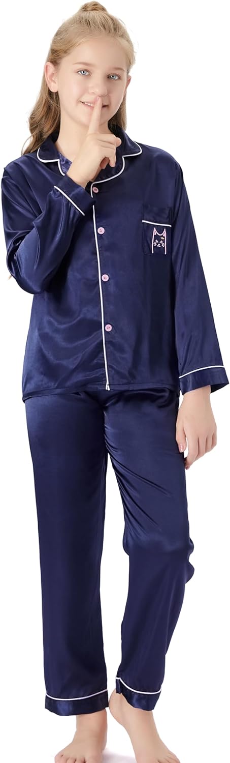 Satin Pajamas for Girls – Coat Style Unicorn Long Sleeve Silk Button Down PJ Set Size 6-16