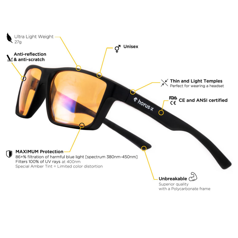 HORUS X • Blue Light Blocking Glasses - Gaming and Sunglasses - Anti-Fatigue & Eyestrain for Screens - Esport - Men and Women