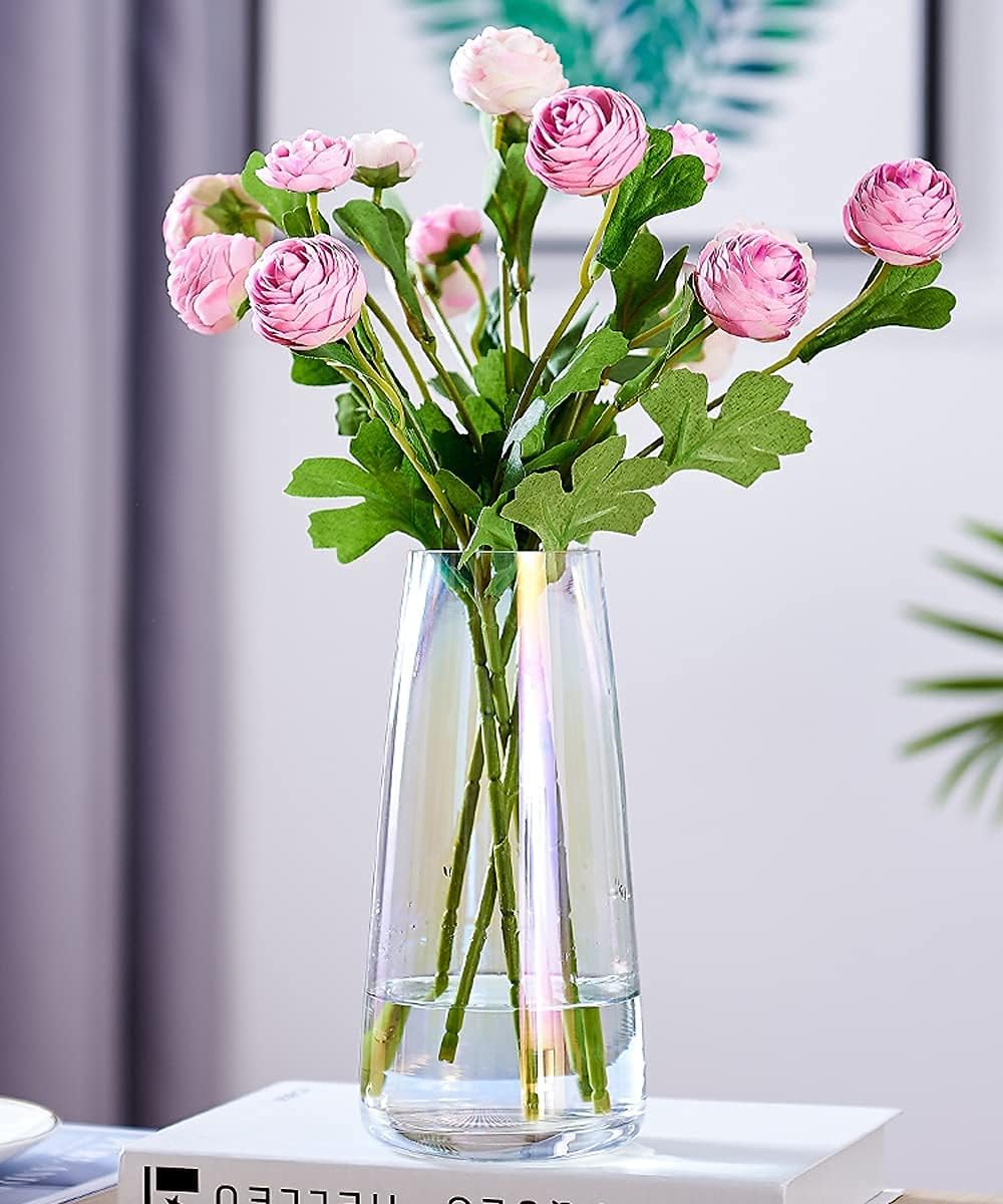 Flower Glass Vase for Decor Home Transparent Vase Handmade Modern Large Flower Vases for Centerpieces Living Room Kitchen Office Wedding Party 8.7 Inch (Iridescent Clear)