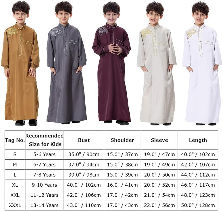 ODIZLI Arabic Thobe Muslim Thobe Long Sleeve Kaftan Crew Collar Robe with Zipper for Boy Solid Color/Embroidery/Stripe Print