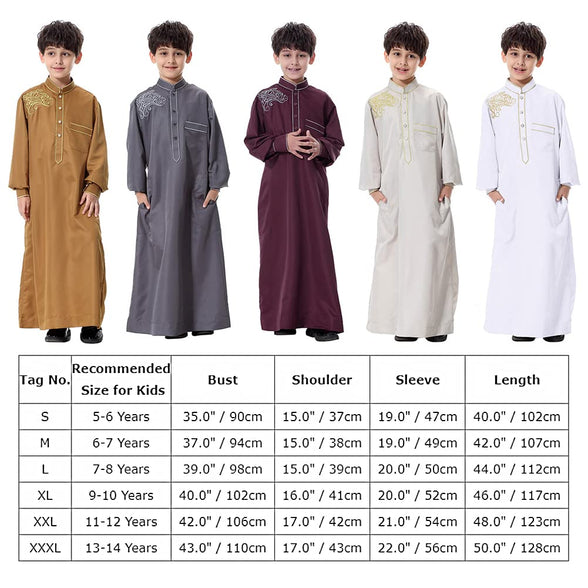 ODIZLI Arabic Thobe Muslim Thobe Long Sleeve Kaftan Crew Collar Robe with Zipper for Boy Solid Color/Embroidery/Stripe Print