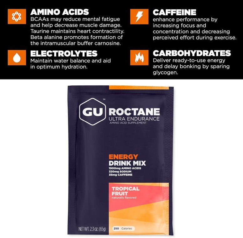 GU Energy Roctane Ultra Endurance Energy Drink Mix, 10 Single-Serving Packets, Tropical Fruit (123130)
