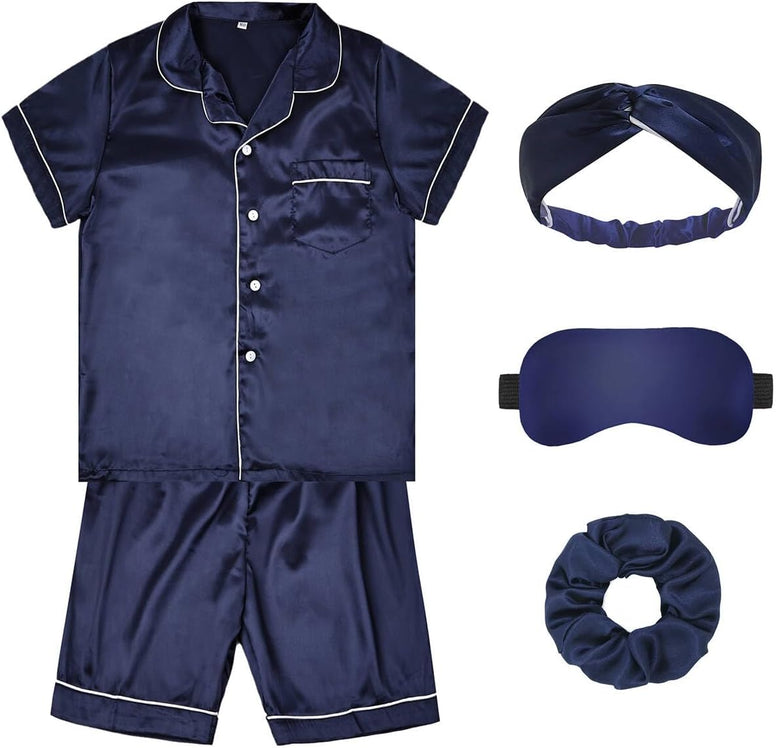 ALHAVONE Kids Girl Pajama Set with Headband Blindfold Hair Tie Toddler Boy Girl Satin Silky Button-up Pajama Sleepwear