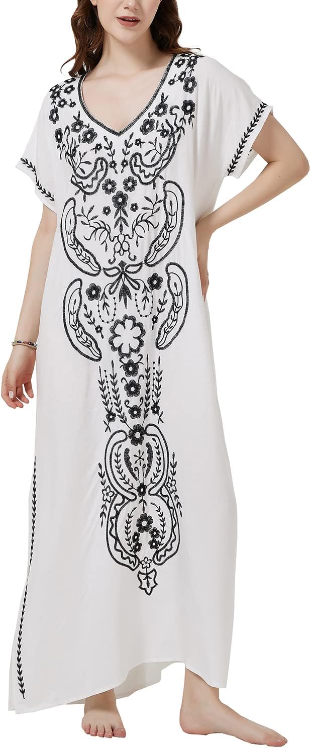 YouKD Embroidered Kaftan Dress Boho Beach Bikini Cover Up Robe Plus Size Loungewear for Women