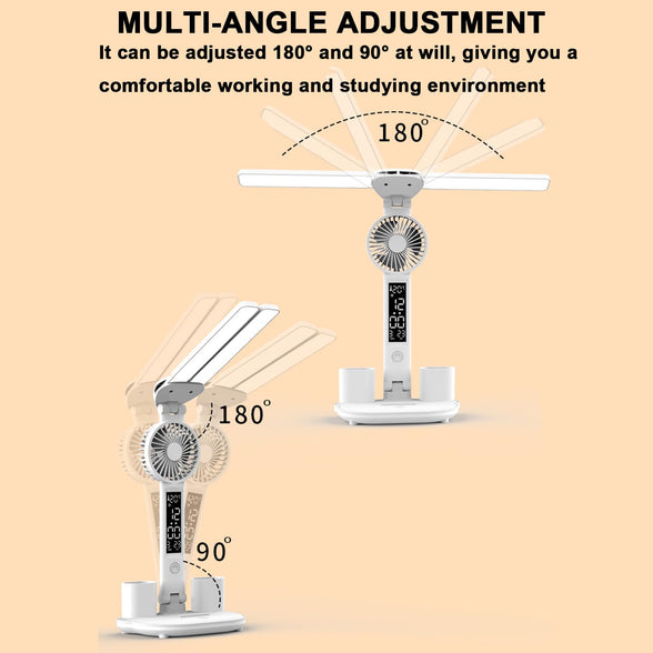 Foldable Double Head Led Fan Desk Lamp,USB Rechargeable Reading Lamp with Digital Temp, Time, Date, Pen Holders 3 Color Modes and Infinite Dimming, Double Swing Arm Desk Lamp,for Reading, Home