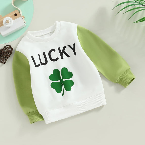 DNOMAID YZARC Toddler Baby Girl Boy St Patricks Day Clothes Clover Letters Sweatshirt Crewneck Long Sleeve Sweater Shirt Tops 0-6M