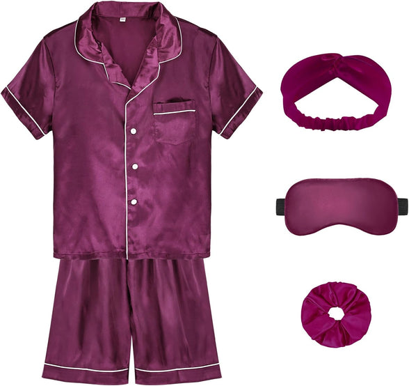 ALHAVONE Kids Girl Pajama Set with Headband Blindfold Hair Tie Toddler Boy Girl Satin Silky Button-up Pajama Sleepwear