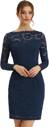 Allegra K Women's Elegant Long Sleeve Dress Pencil Dress Lace Floral Lace Bodycon Mini Dress