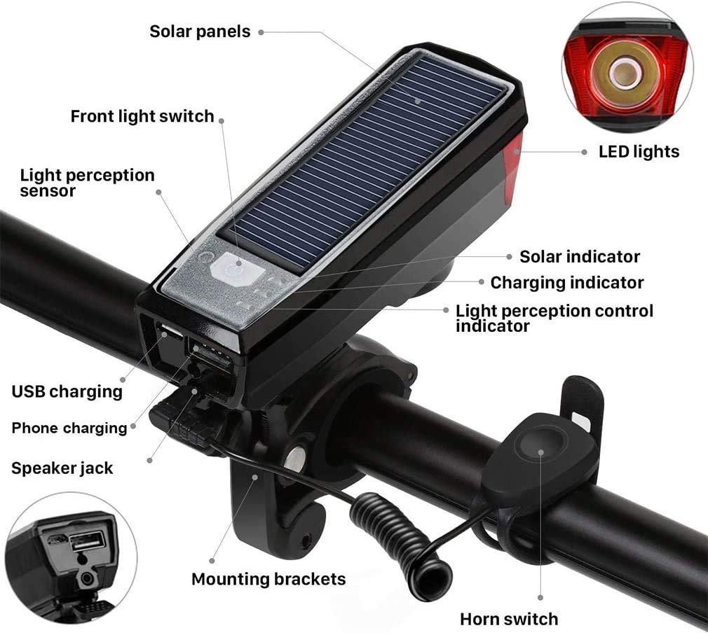 SUYAYA Solar Powered bicycle front light with USB Rechargeable rear light for rode bike night riding,wateproof bicycle headlight with horn for safety cycling