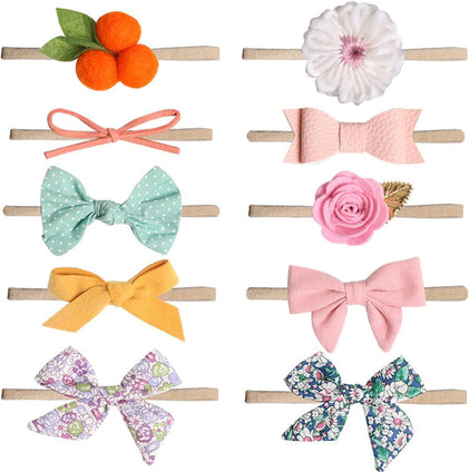 Mumoo Bear Baby Girl Headbands-Nylon Bows 10 Packs Mix Style Hair Band Accessories for Newborn Toddler and Little Baby