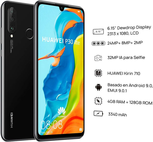 Huawei P30 Lite (128GB, 4GB RAM) 6.15" Display, AI Triple Camera, 32MP Selfie, Dual SIM Global 4G LTE GSM Factory Unlocked MAR-LX3A - International Version (Midnight Black)