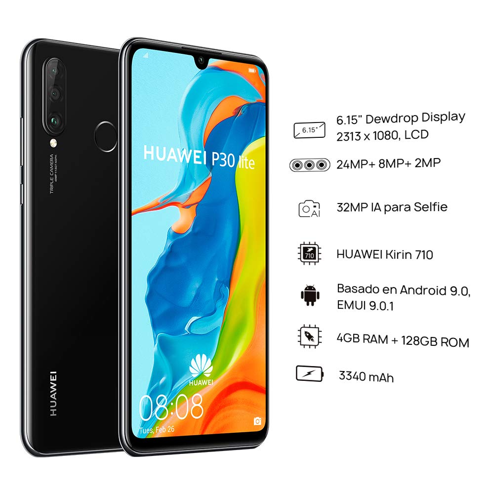 Huawei P30 Lite (128GB, 4GB RAM) 6.15" Display, AI Triple Camera, 32MP Selfie, Dual SIM Global 4G LTE GSM Factory Unlocked MAR-LX3A - International Version (Midnight Black)