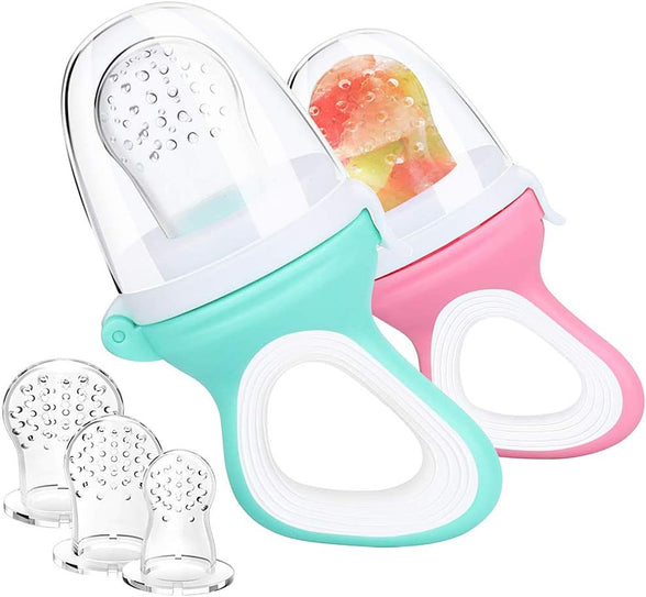 2 PCs Baby Food Fruit Feeder Pacifier with 3 PCs Replacement Silicone Pouches Fresh Food Teething Toy for Toddlers Infant