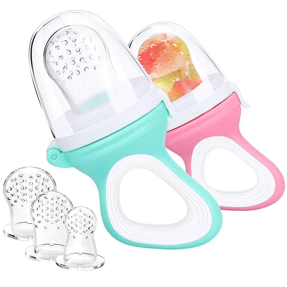 2 PCs Baby Food Fruit Feeder Pacifier with 3 PCs Replacement Silicone Pouches Fresh Food Teething Toy for Toddlers Infant