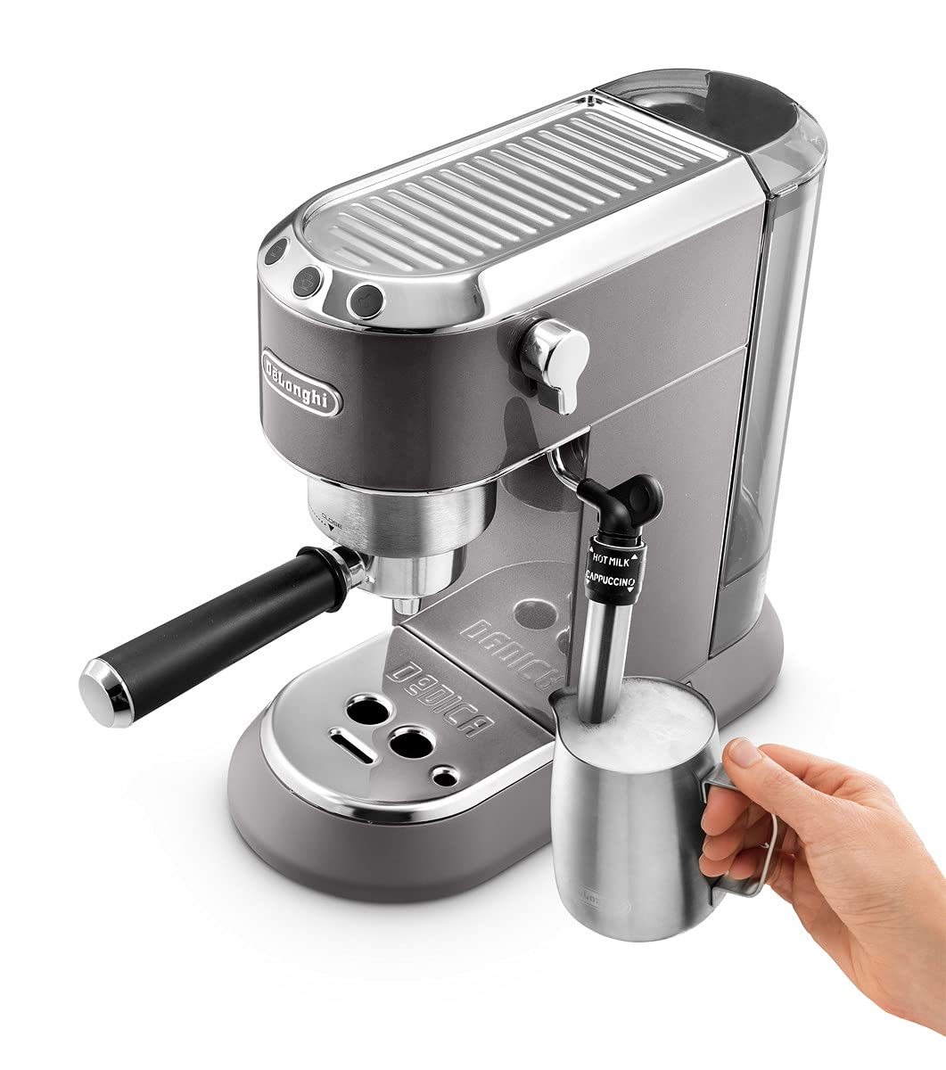 De'Longhi DEDICA METALLICS Coffee Machine Barista Pump Manual Espresso Maker with Milk Frother and Kit (Frothing Jug + Tamper) for Americano, Cappuccino, Latte, Macchiato EC785.GY Grey