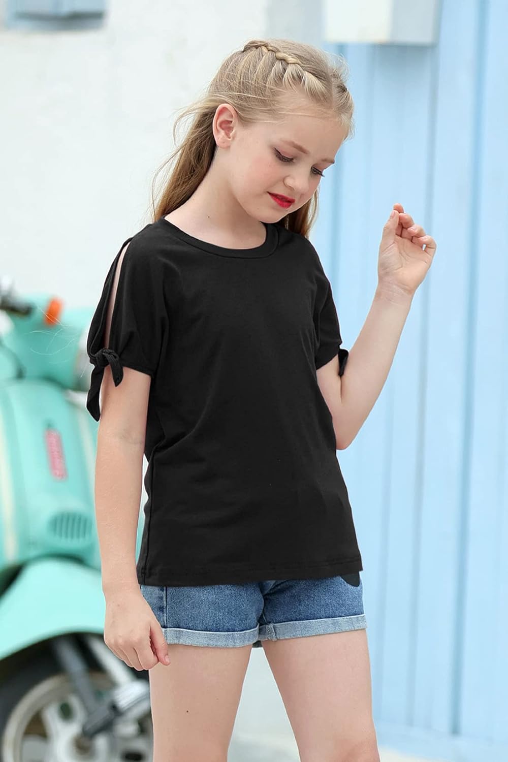 GORLYA Girl's Cut Slit Sleeve Tie knot Cuff Stripe Tunic T-shirt Casual Pullover Top for 4-14T Kids