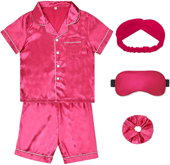 ALHAVONE Kids Girl Pajama Set with Headband Blindfold Hair Tie Toddler Boy Girl Satin Silky Button-up Pajama Sleepwear