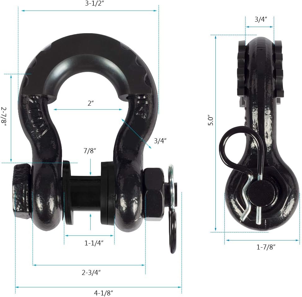 AMBULL Shackles 3/4 Inch D Ring Shackle (2 Pack) 41,850lb Break Strength with 7/8 Inch Pin, Isolator and Washer Kits for Use with Tow Strap, Winch, Off-Road Jeep Truck Vehicle Recovery (Black)