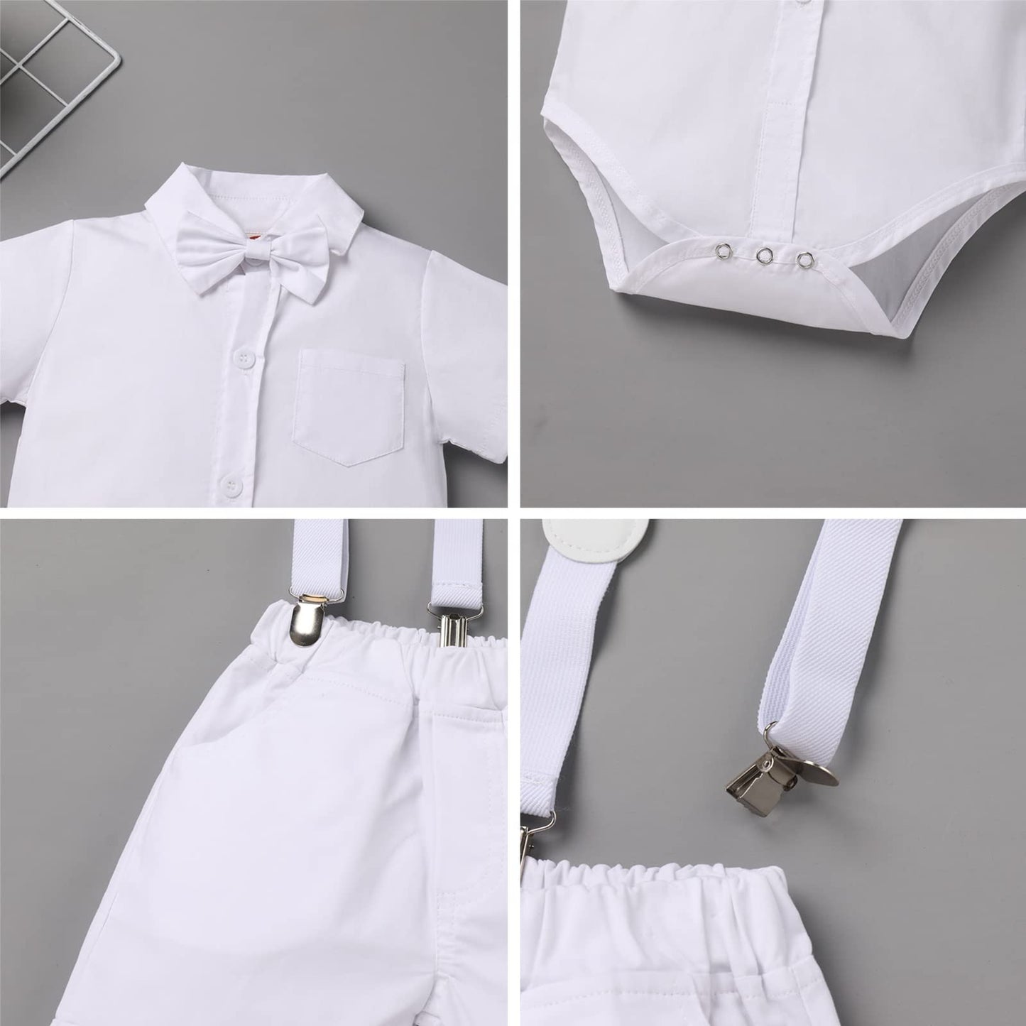 Baby Boys Formal Suit Set Short Sleeve Bowtie T-Shirt Suspenders Shorts Pants Wedding Tuxedo Outfits Cake Smash Clothes 0-6M