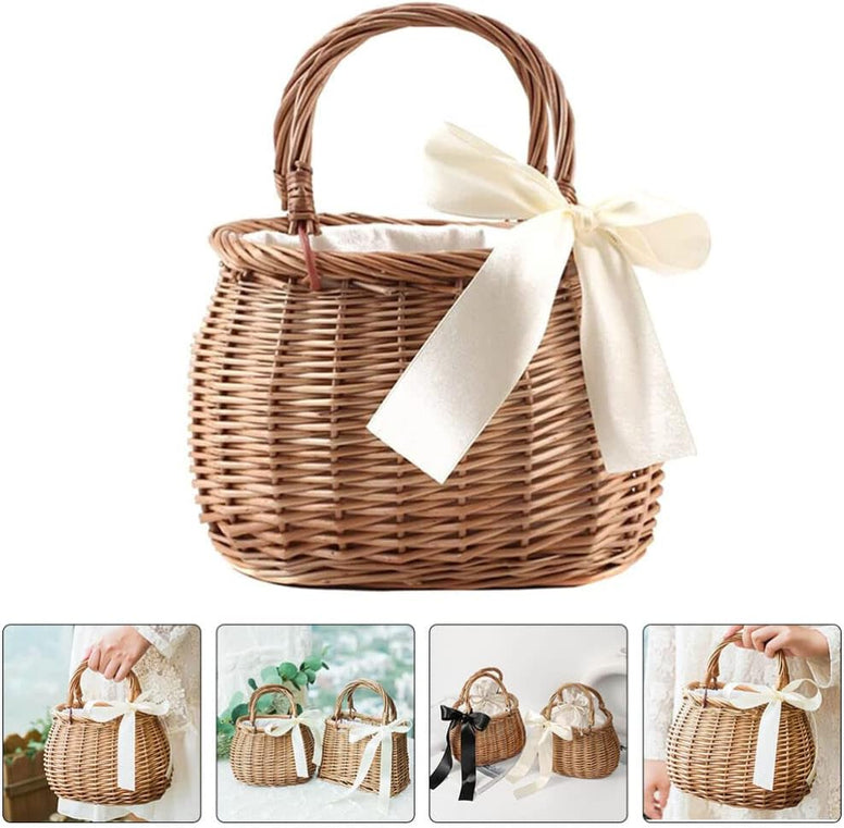 NOLITOY Picnic Basket Rattan Flower Basket, Handwoven Wicker Flower Candy Storage Basket with Handle for Picnic Wedding Home Garden Decoration Rattan Storage Basket