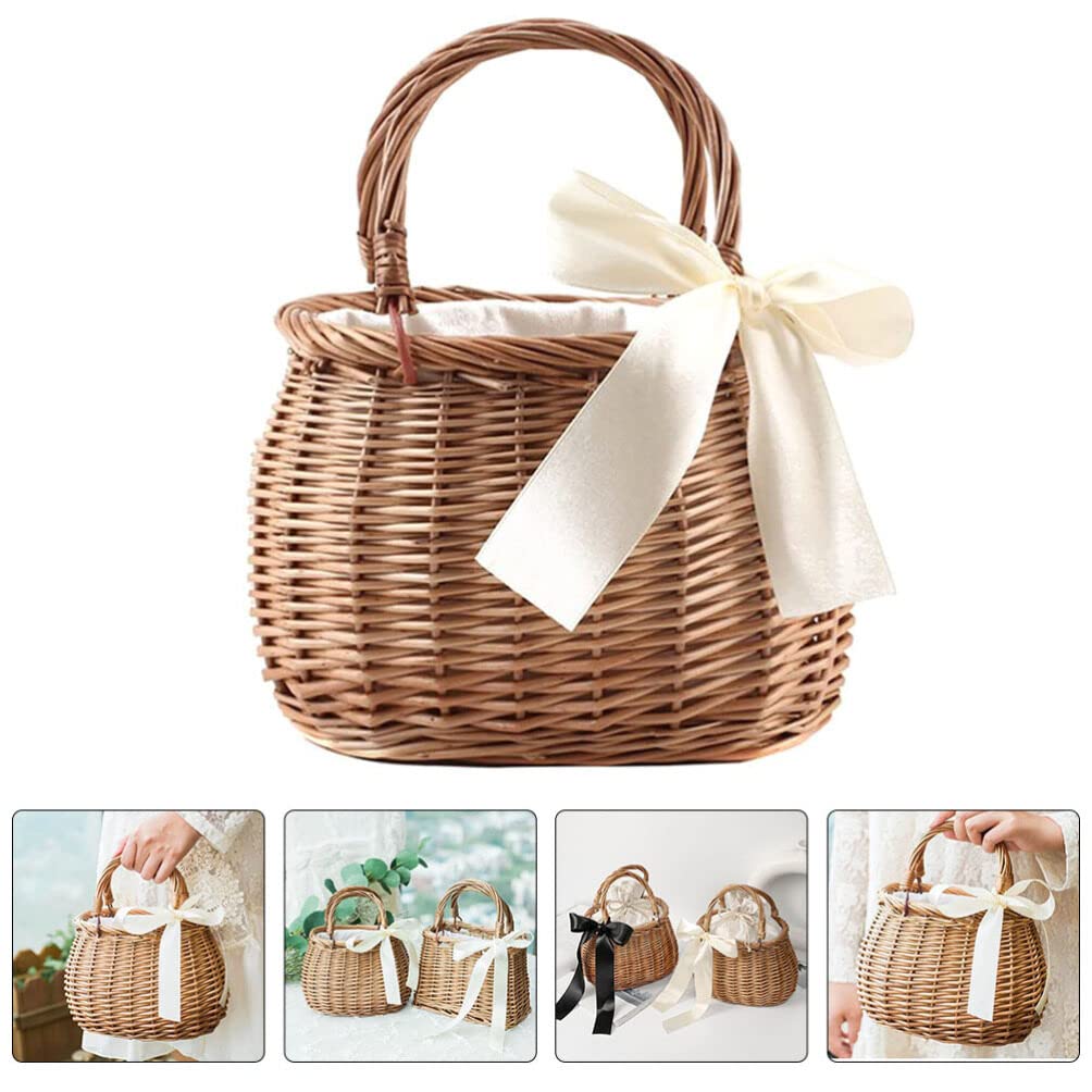 NOLITOY Picnic Basket Rattan Flower Basket, Handwoven Wicker Flower Candy Storage Basket with Handle for Picnic Wedding Home Garden Decoration Rattan Storage Basket