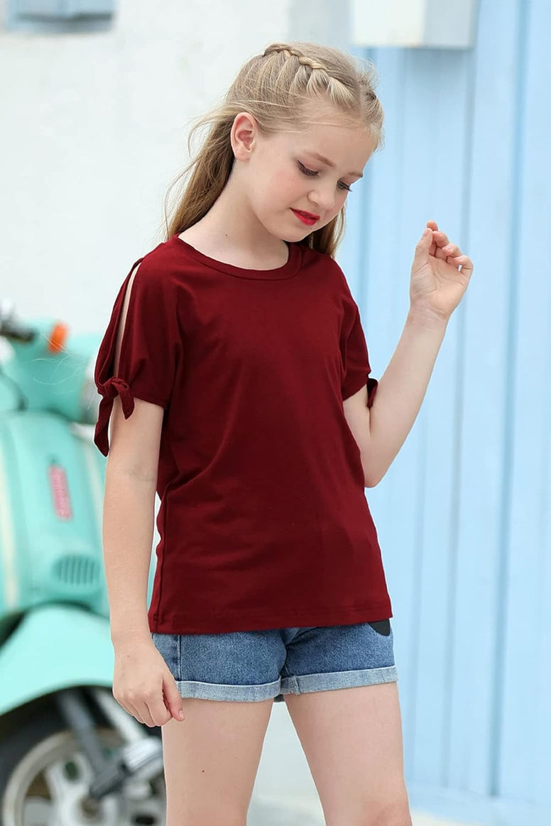 GORLYA Girl's Cut Slit Sleeve Tie knot Cuff Stripe Tunic T-shirt Casual Pullover Top for 4-14T Kids