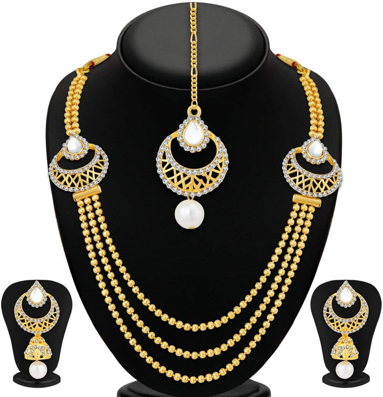 Sukkhi Gorgeous Pearl Gold Plated Wedding Jewellery Kundan Peacock Meenakari Multi-String Necklace Set Combo For Women (457Cb2700)