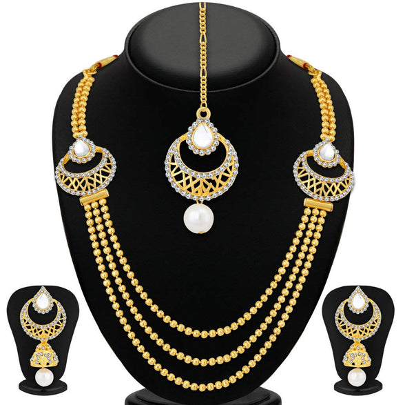 Sukkhi Gorgeous Pearl Gold Plated Wedding Jewellery Kundan Peacock Meenakari Multi-String Necklace Set Combo For Women (457Cb2700)