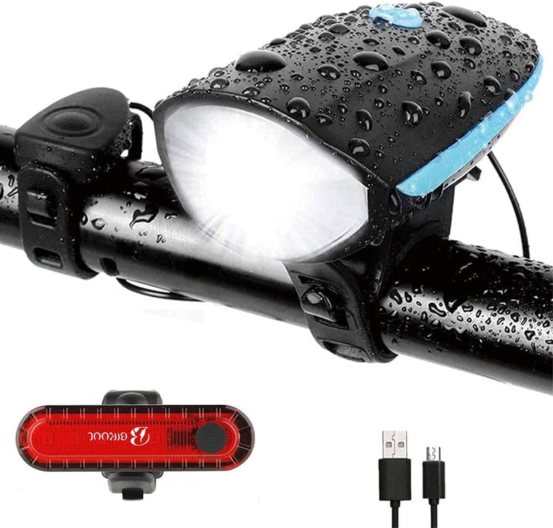 BIKUUL Bike Lights Front and Back, USB Bicycle Front Light with Loud Horn, with 3 Lighting Modes, High Strength Waterproof, Bike tail light,Best Cycling Gift