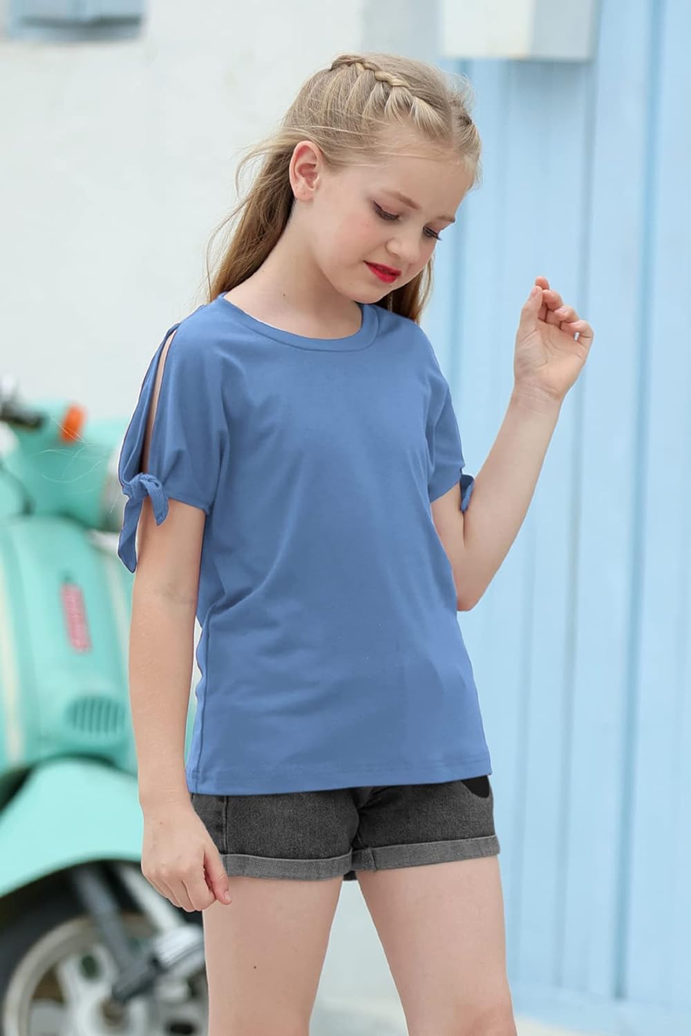 GORLYA Girl's Cut Slit Sleeve Tie knot Cuff Stripe Tunic T-shirt Casual Pullover Top for 4-14T Kids