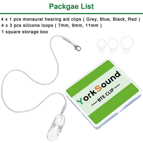 YorkSound Set of 4 Hearing Aid Clips, Anti-Lost Hearing Aid Lanyard BTE Clip String with 12 Pcs Silicone Loops, Hearing Protection Accessories for Adults & Kids, Monaural, 4 Colors