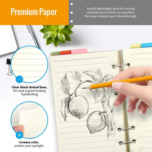 A6 Refill Paper, 3 Pack 45PCS A6 6 Ring Loose Leaf Paper, 2 Pack 160PCS Neon Page Markers, with Binder Pockets & Binder Dividers, LEOBRO A6 Lined Paper Refills for A6 Binder Planner Notebook Journal