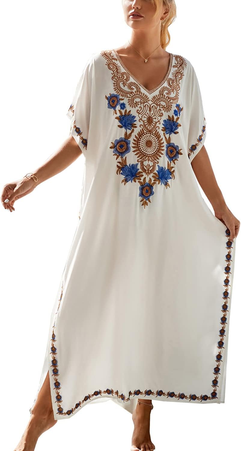 YouKD Embroidered Kaftan Dress Boho Beach Bikini Cover Up Robe Plus Size Loungewear for Women