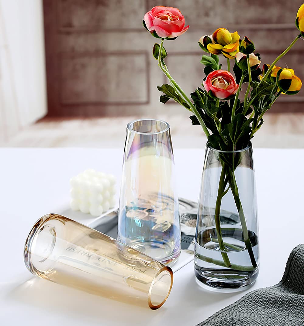 Flower Glass Vase for Decor Home Transparent Vase Handmade Modern Large Flower Vases for Centerpieces Living Room Kitchen Office Wedding Party 8.7 Inch (Iridescent Clear)