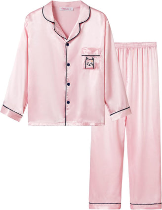 Satin Pajamas for Girls – Coat Style Unicorn Long Sleeve Silk Button Down PJ Set Size 6-16