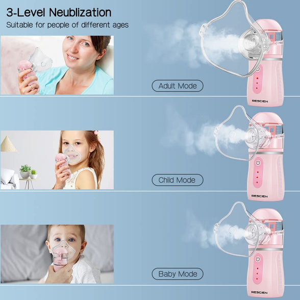 RESCIEN Portable Wireless Mesh Nebulizer USB charge Machine with Storage bag 3 Modes Kids Adults Use Ultrasonic Handheld Nebulizer