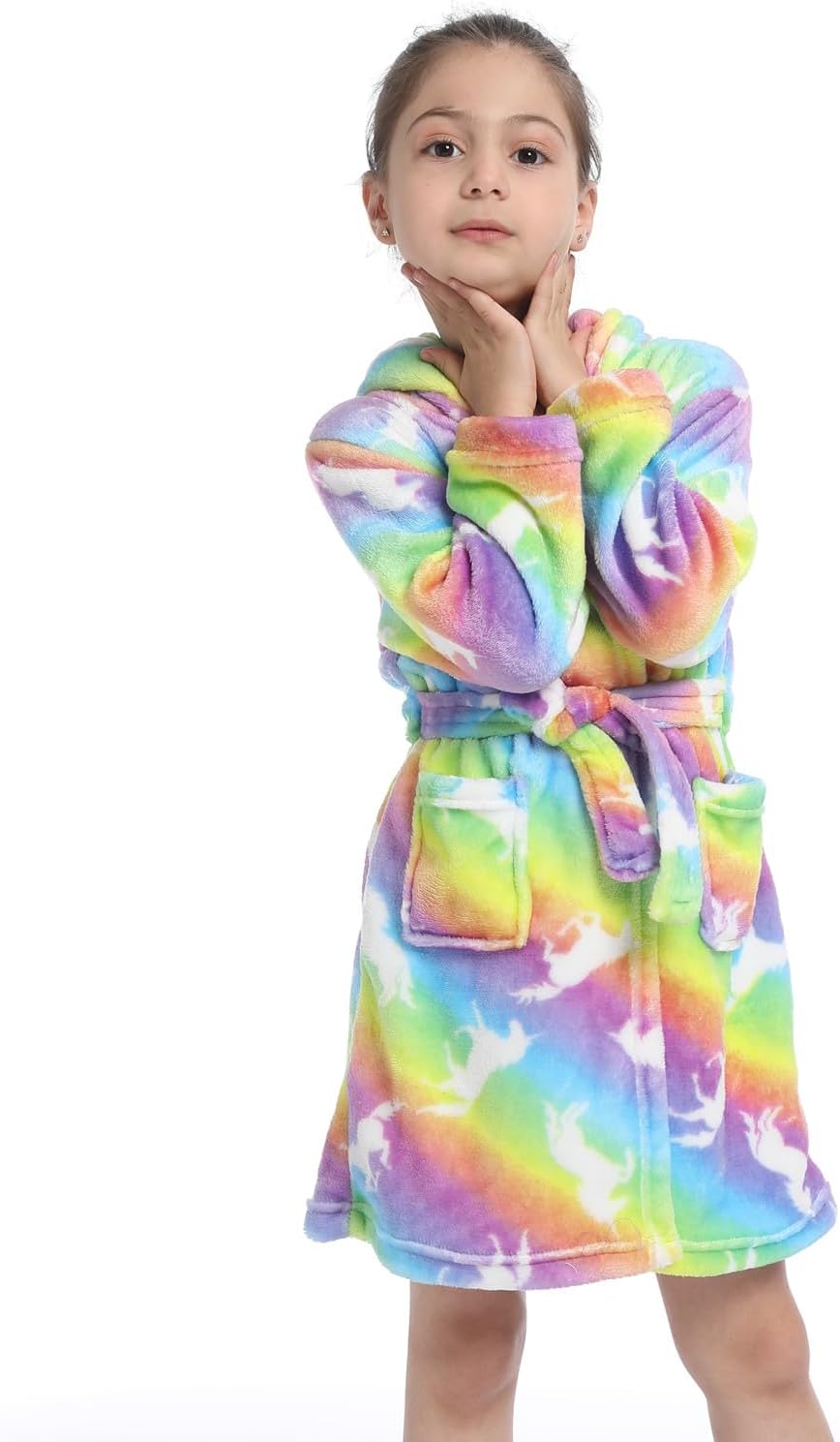 Z-YQL Kid Girls Bathrobe Dressing Gown Novelty Hooded Nightgown Fleece Comfy Flannel Soft Robe Colorful