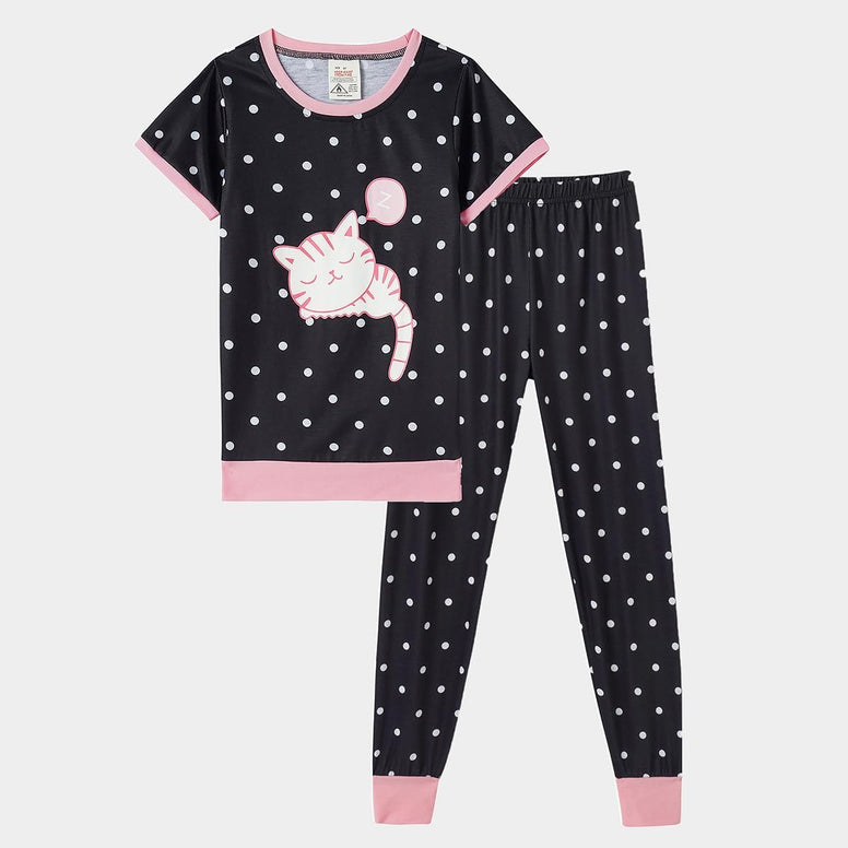 MyFav Babies, Toddlers and Girls' 4-Piece Snug Fit Cotton Pajama Set, Print Short Sleeve Loungewear