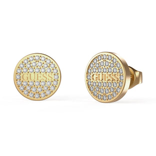 Guess Women's 11 mm Pave and Guess Logo Coin Earrings, Yellow Gold