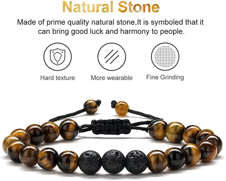 KASTWAVE Men's Bracelets-Bracelet, Beaded Bracelet, 8mm Tiger Eye Lava Stone, Stress Relief Adjustable Tiger Eye Bracelet Aroma Essential Oil Diffuser Lava Bracelet Men’s Gift