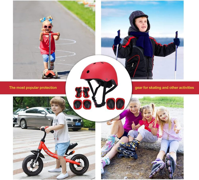 AMERTEER 7 In 1 Kids Bike Helmet Set, Skateboard Knee Pads - Kids Helmet Elbow Pads Wrist Guards Adjustable Protective Gear Set for Sport Cycling Bike Roller Skating Scooter Rollerblade (Red)