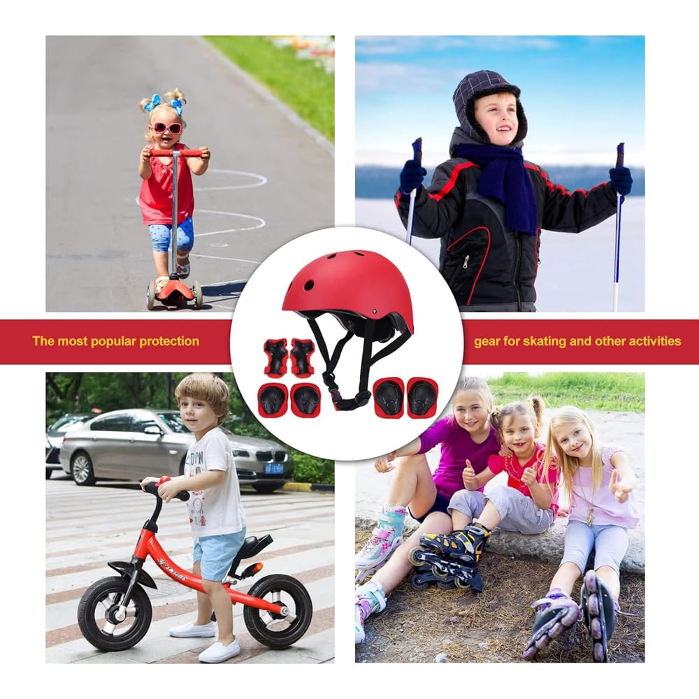 AMERTEER 7 In 1 Kids Bike Helmet Set, Skateboard Knee Pads - Kids Helmet Elbow Pads Wrist Guards Adjustable Protective Gear Set for Sport Cycling Bike Roller Skating Scooter Rollerblade (Red)